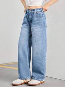 Tween Girls Vintage Loose Wide Leg Jeans, Casual Straight Leg Denim Pants - Light Wash - View 5