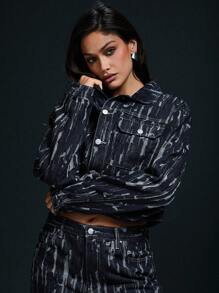 Denimoi 女式前扣长袖口袋休闲夹克，日常穿着 - 深色水洗藍 - 查看 4