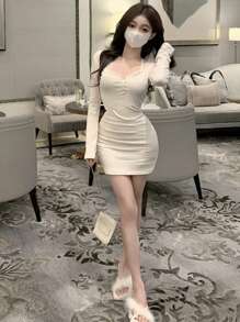 DAZY 女式撞色蕾丝吊带迷你裹身裙，白色，春秋季长袖连衣裙 - 白色 - 查看 4