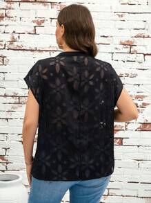 SHEIN Clasi 大码女式花卉网纱V领短袖上衣，适合度假、音乐会、热带风情、乡村音乐会、锐舞派对等场合，夏季百搭，春季女装 - 黑色 - 查看 3