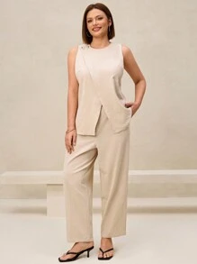 SHEIN Clasi Set de 2 piezas talla grande con top sin mangas con botones delanteros y pantalones largos de unicolor - Albaricoque - Ver 4