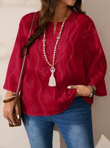 EMERY ROSE Plus Size Women's Casual White Hollow Embroidery Blouse,Fall Clothes,Spring - Burgundy - View 7