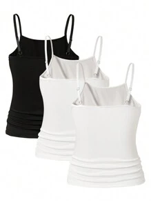 3pcs Teen Girl Casual All-Match Layered Cami Top, Simple And Versatile Design For Daily Wear - Black and White - View 2