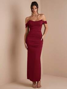 SHEIN BAE Autumn/Winter Solid Color Khaki, Coffee, Brown Tube Top Cross-Wrap Long Fitted Midi Dress With Sleeves, Suitable For Layering, Cocktail Party, Romantic Date, Formal Gathering, Bridesmaid, Halloween & Christmas