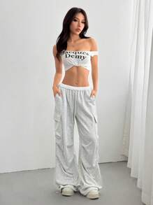 SHEIN EZwear Women's Solid Color Patchwork Front Tie Pocket Simple Casual Sweatpants - Grey - View 6