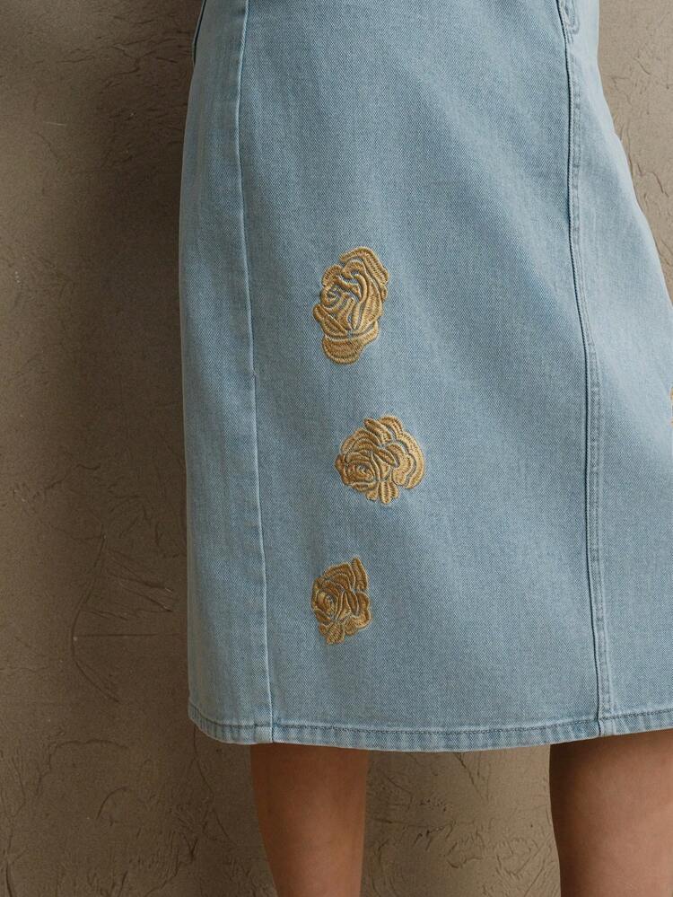 Embroidered Versatile High Waist Slim Fit Denim Skirt, Women Summer Outfits