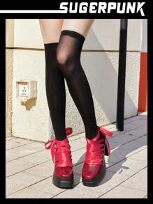 Sugerpunk Satin Ribbon Pointy Toe Patent Leather Platform Pumps, Punk Style Suitable For Daily, Campus, Street, Party Wear - Burgundy - View 3