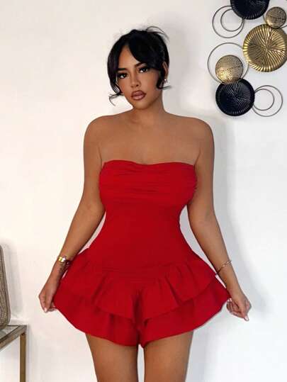 SHEIN SXY Mono sin tirantes sexy y romántico con estampado floral rojo para citas/Día de San Valentín