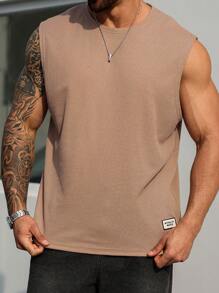 Manfinity Homme Plus Size Men's Solid Color Loose Fit Crew Neck Casual Tank Top - Khaki - View 6