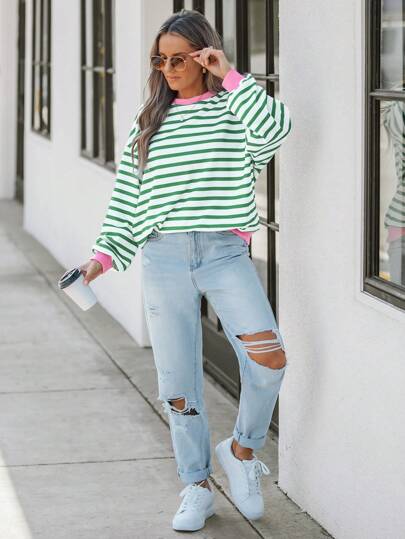 SHEIN LUNE Women's Green Striped Contrast Pink Oversized Casual Long Sleeve Sweatshirt In Fall/Winter
