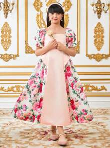SHEIN Leap Crew Tween Girls Elegant Floral Print Color Block Puff Sleeve Dress - Multicolor - View 3