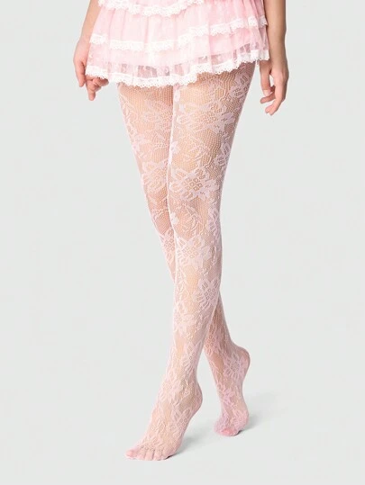 ROMWE Avant 1 par sexiga blommiga nätstrumpbyxor i spets, vintage erotiska rosa ogenomskinliga strumpbyxor, tunna och stretchiga skira strumpor