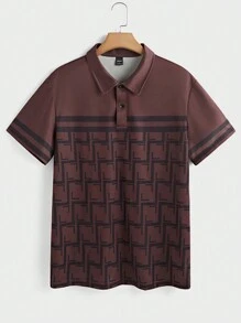 Manfinity Homme Men's Front Button Short Sleeve Printed Casual Polo Shirt - Brown - View 2