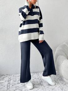 EURMUSE 2pcs Women Casual Striped Front Button Long Sleeve Top And Pants Set - Navy Blue - View 3