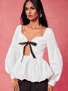 Oxana Designer Women's Business Casual Tie Front Tie Long Sleeve Casual Top, Everyday Wear, Spring & Summer, Going Out, Festival, Office - White - View 8