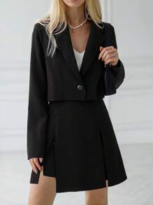 2pcs Women Business Casual Black Pencil Skirt & Blazer Suit Set, Fall/Winter - Black - View 1