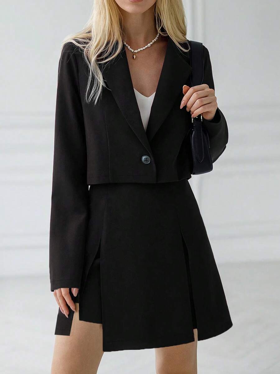 2pcs Women Business Casual Black Pencil Skirt & Blazer Suit Set, Fall/Winter - Black - View 1