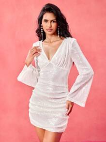 Daniela Ricciardelli 设计师白色 V 领露背迷你性感亮片连衣裙节日、婚礼、舞会礼服 - 白色 - 查看 6