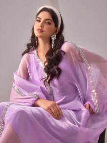 Al Najma Women's Bat-Sleeve Spliced Rhinestones Belted Elegant Turkish Style Dress Kaftan Jalabiya Dress - Mauve Purple - View 4