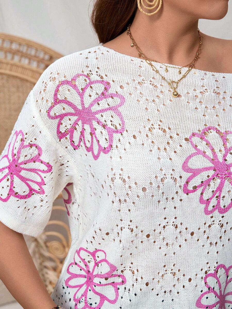 SHEIN LUNE Plus Size Flower Pattern Crew Neck Short Sleeve Casual Pullover Sweater Rose Red Printed Hollow Woolen Short Top, Festival Woolen Plus Size Women Clothes Festival Bohos Clothes Festival Bohos Plus Size Summer Outfits For Women