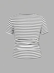 SHEIN LUNE 圆领修身下摆褶皱 T 恤三件套，黑白条纹，黑色纯色夏季女士外出上衣女士，商务休闲女士，夏季，可爱衬衫，办公室度假女士度假女士大码女士春假 - 黑與白 - 查看 6