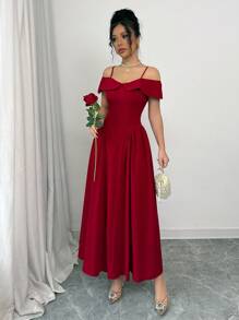 Modelyn 女士优雅编织红色收腰露肩 A 字连衣裙 - 紅色 - 查看 7