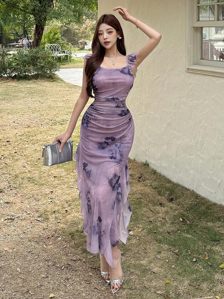 DAZY Vestido morado de media pantorrilla con volantes y estampado floral diminuto, vestido de verano para primavera/verano - Morado - Añade 5