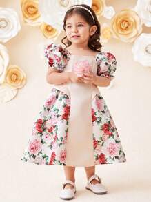 SHEIN Leap Crew Baby Girl Elegant Puff Sleeve Floral Print Color Block Patchwork Dress - Pink - View 5