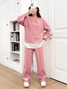 SHEIN Teen Girl Pink, Leisure Travel, Spring And Summer, Holidays, Homecoming,Casual Knit Patchwork, Woven Mark,Round Neck Long Sleeve Top Set,Back To School Graduation Outfit - Pink - View 3