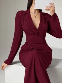 Heiryn 女士纯色缺口领长袖修身优雅连衣裙 - 酒紅色 - 查看 1