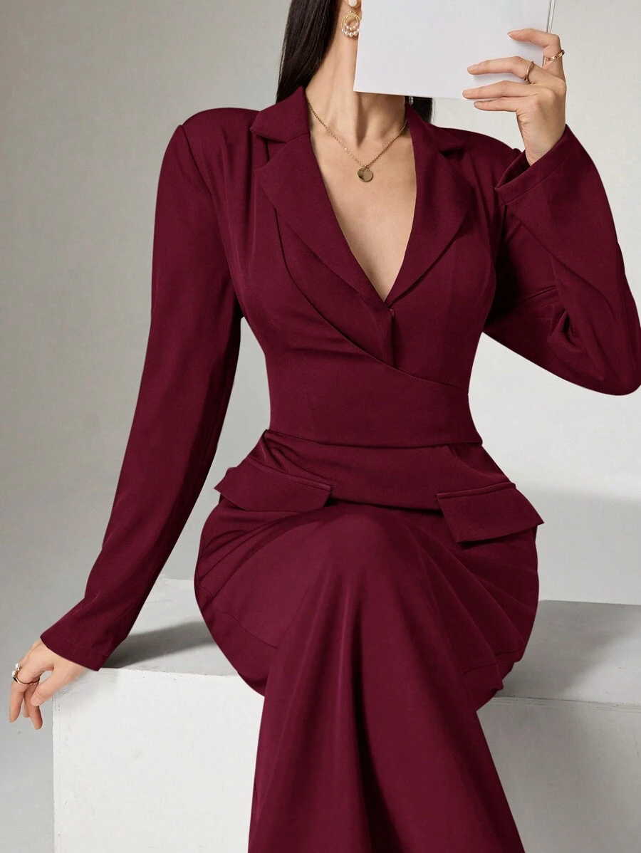Heiryn 女士纯色缺口领长袖修身优雅连衣裙 - 酒紅色 - 查看 1