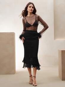 Anewsta Top blanc moelleux en maille ajourée et strass pour femmes