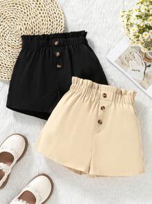 SHEIN Young Girl' Fashion Simple Woven Ribbed Elastic Waist Single Row Button Ruffle Hem Shorts, Black & Apricot, Multi-Piece Set - Multicolor - View 5