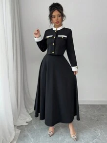 Elenzga 2 pièces Ensemble veste à col montant bicolore et mini-jupe pour femmes - Noir - Voir 5