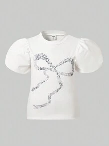 SHEIN Nieuw gelanceerd! Meisjes T-shirts met korte mouwen, ronde hals en strikprint voor tieners. Ze zijn comfortabel, modieus, schattig, lief en hebben een Japanse en Koreaanse casual stijl.