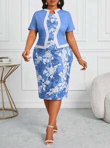SHEIN Lady Vestido de graduación de manga corta con estampado floral y corte slim, apto para uso profesional de oficina para mujeres de talla grande. Ropa y vestidos adecuados para maestros en las cuatro estaciones. - Celeste - Ver 5