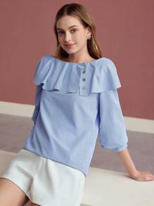 MOTF PREMIUM 条纹荷叶边衬衫 - 藍白色 - 查看 6