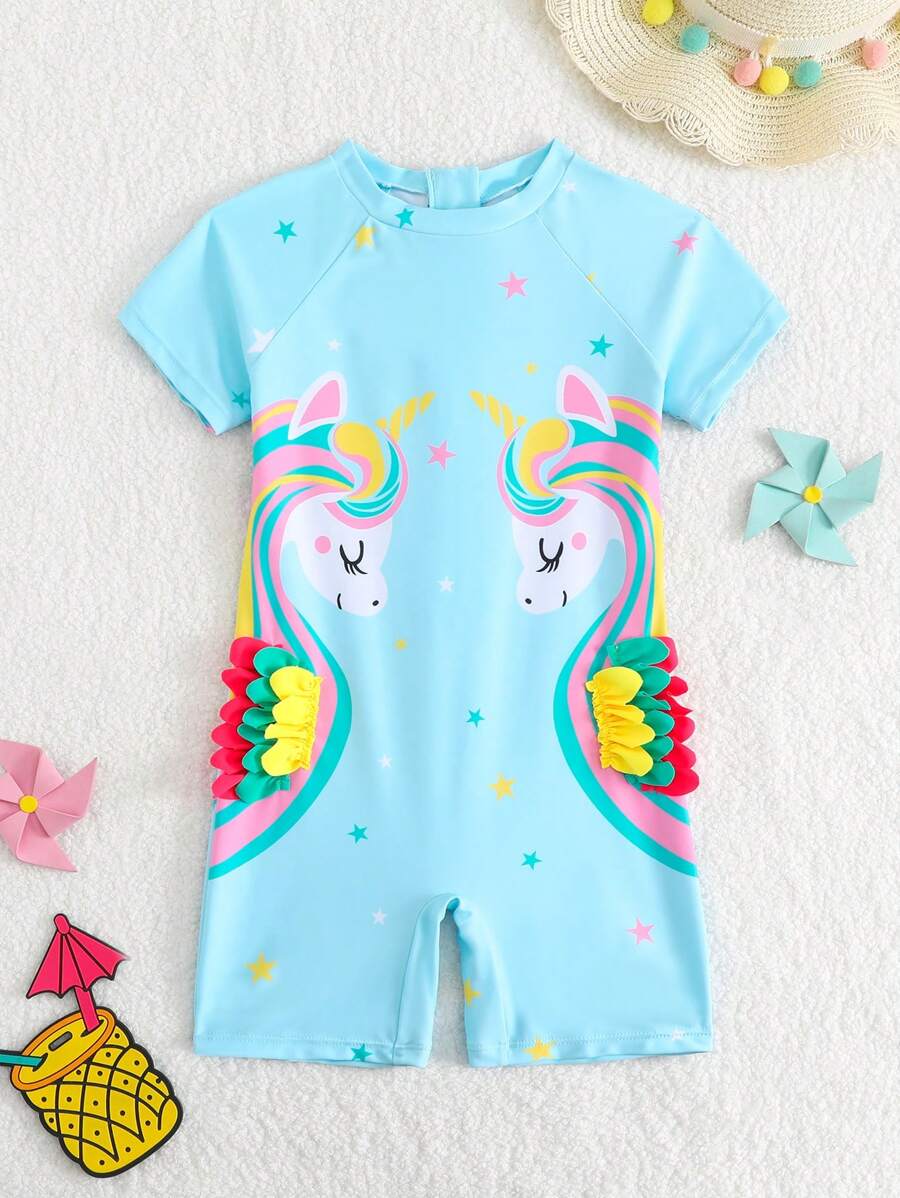 年轻女孩卡通印花圆领无袖连体泳衣，简约修身 - 彩色 - 查看 1