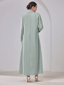 Al Najma 女士纯色长袖纽扣设计阿拉伯长袍，端庄长袍 - 綠色 - 查看 2