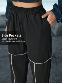 In My Nature 女士弹性腰部侧条纹户外运动裤 - 黑色 - 查看 3