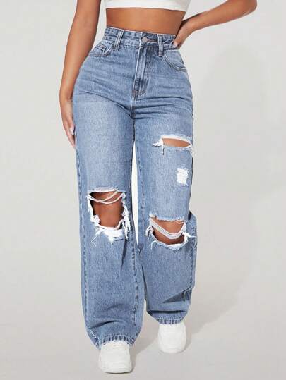 SHEIN PETITE Women's Pocket Detail Distressed Relaxed Fit Denim Jeans
