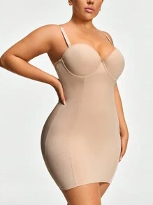 SHAPORA Plus Size Shaping Underwire Cupped Shapewear Slip Dress Body Shaper Bust& Butt Lifter-Tummy Waist Thigh Control - Apricot - View 7