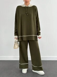 EURMUSE 2pcs Women Solid Color Patchwork Long Sleeve Hoodie Sweatshirt & Pants Suit - Army Green - View 3