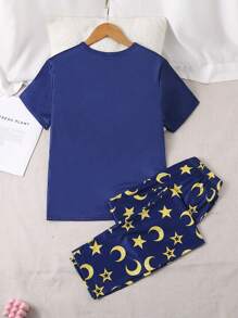 SHEIN Set de 2 prendas de pijama para adolescentes, que incluye top de manga corta con estampado minimalista de estrellas y luna, y pantalón largo, para festivales - azul real - Ver 2