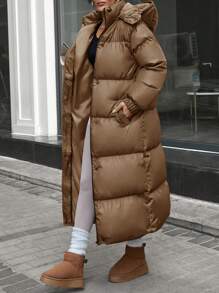 EURMUSE Maxi Length Warm Feel Two Side Pocket Front Button And Zip Up Long Padded Oversized Winter Coat With Hoodie - Beige - View 4