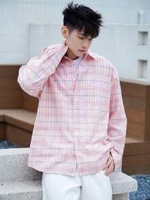 DAZY Camisa de Manga Longa Xadrez Rosa Primavera Homem Monobotão - Vermelho - Visão 5