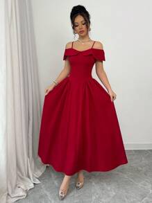 Modelyn 女士优雅编织红色收腰露肩 A 字连衣裙 - 紅色 - 查看 5