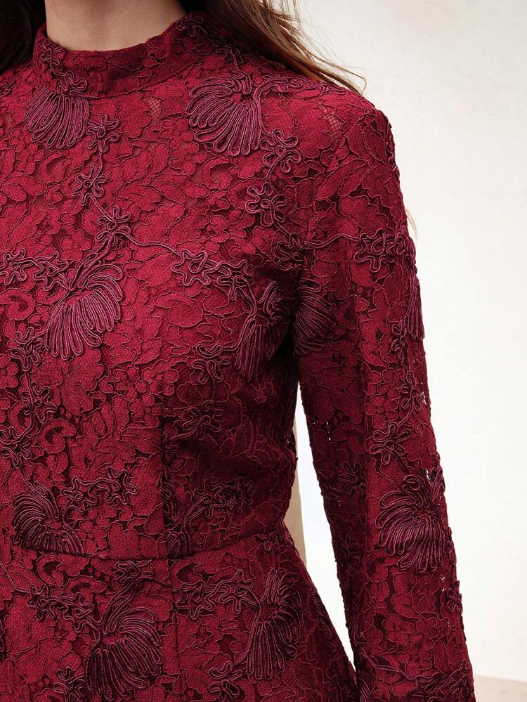 Chinese Style Retro Black Heavily Embroidered Hollow-Out High Collar Long Sleeve Slit Sexy Dress Maxi Embroidery Women Outfit