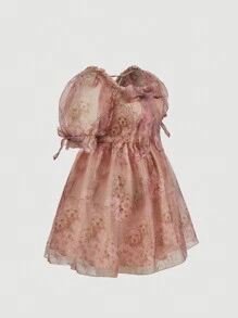 SHEIN MOD 大码卡其色小狗和粉色花卉印花泡泡袖芭蕾舞裙配领结装饰 - 彩色 - 查看 5