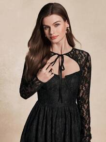 SHEIN Unity Women's Elegant Lace Hollow Out Dress Fall Cloth For Women - Black - View 3
